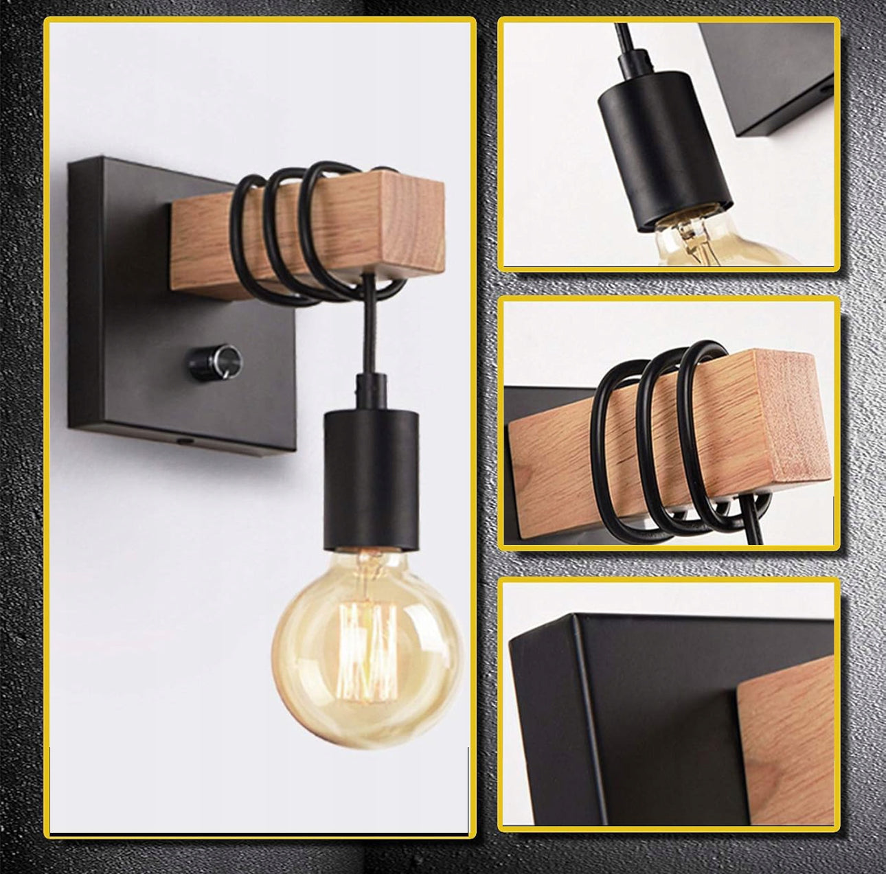 Veggmontert lampe i sort metall og tre, 12x12x15 cm base, 16 cm høyde, E27 sokkel, varmt lys 3000K – stilfull belysning i rustikk og moderne stil.