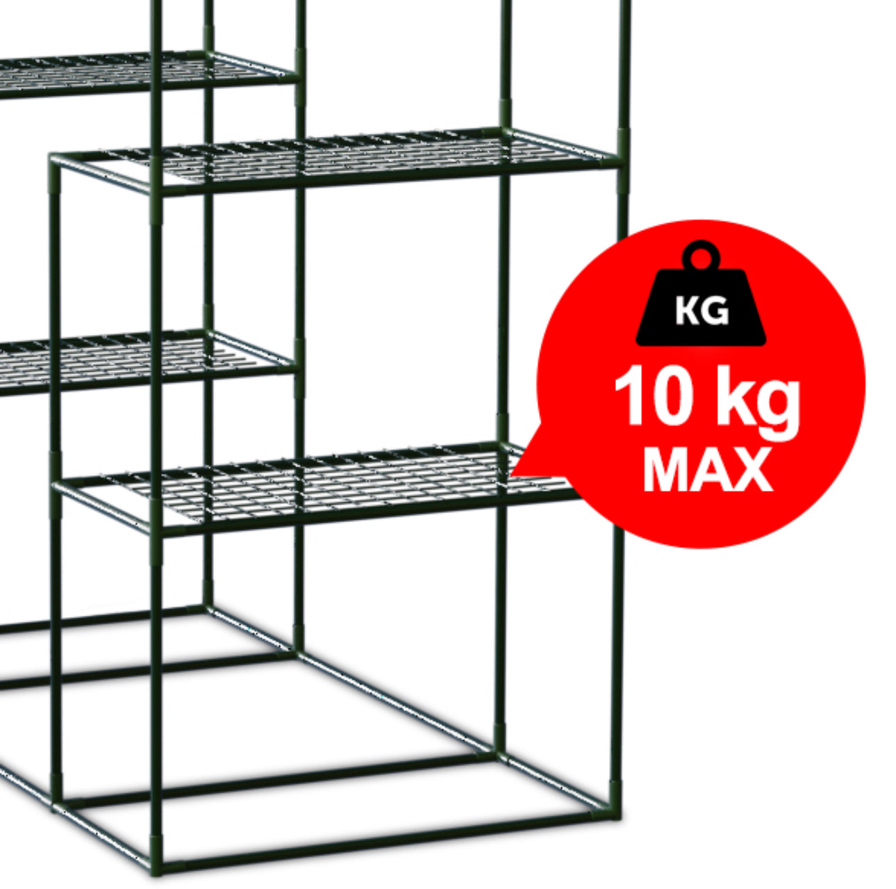 Nærbilde av drivhusets metallhyller med maks belastning på 10 kg per hylle