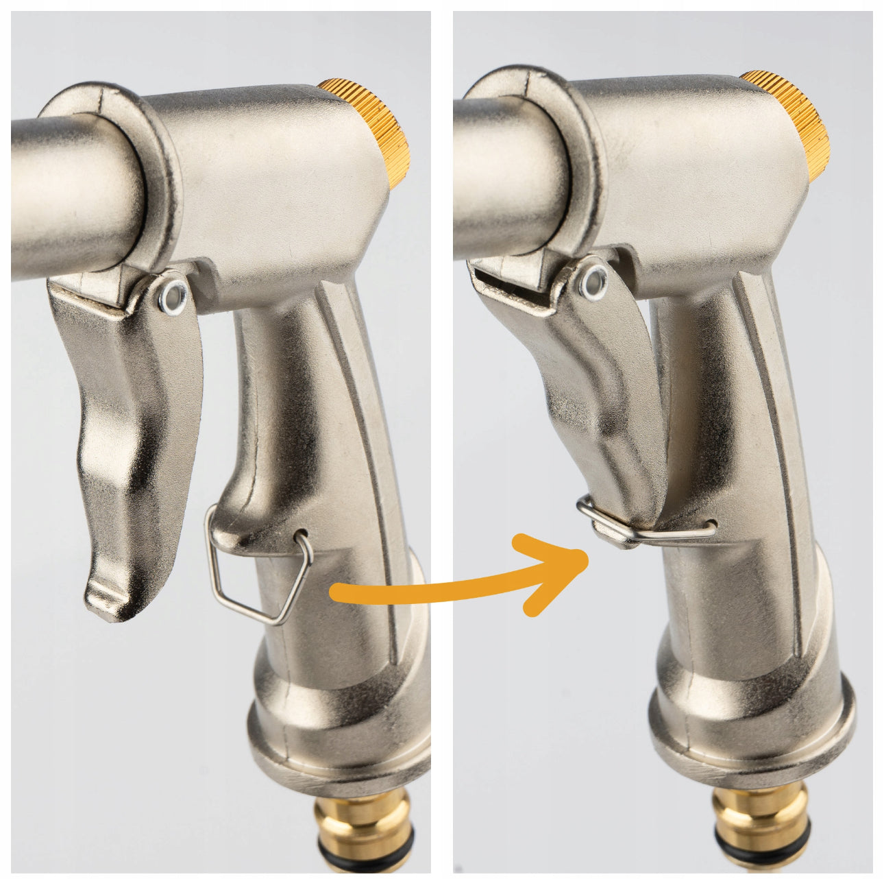 Justerbar metall hagesprøytepistol i sølv og gull, 17,5 x 15 cm, slitesterkt aluminium og ABS-plast, ergonomisk grep for vanning og rengjøring