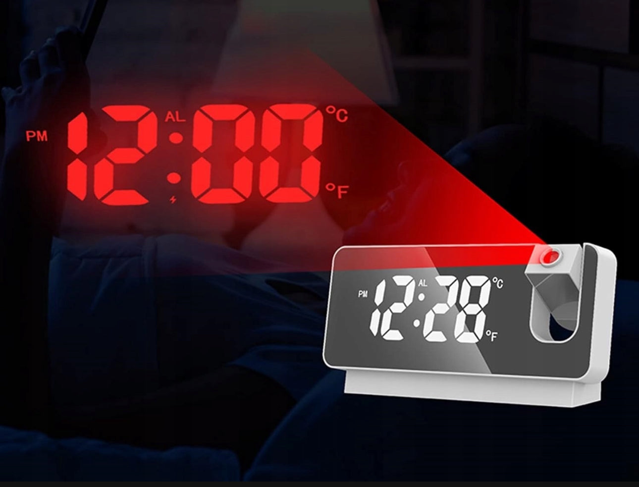 Digital vekkerklokke med LED-skjerm, speiloverflate og rød projeksjon. Størrelse: 18,5 x 9,2 x 4 cm. Materiale: ABS-plast, sølvfarget finish med hvitt og rødt lys.