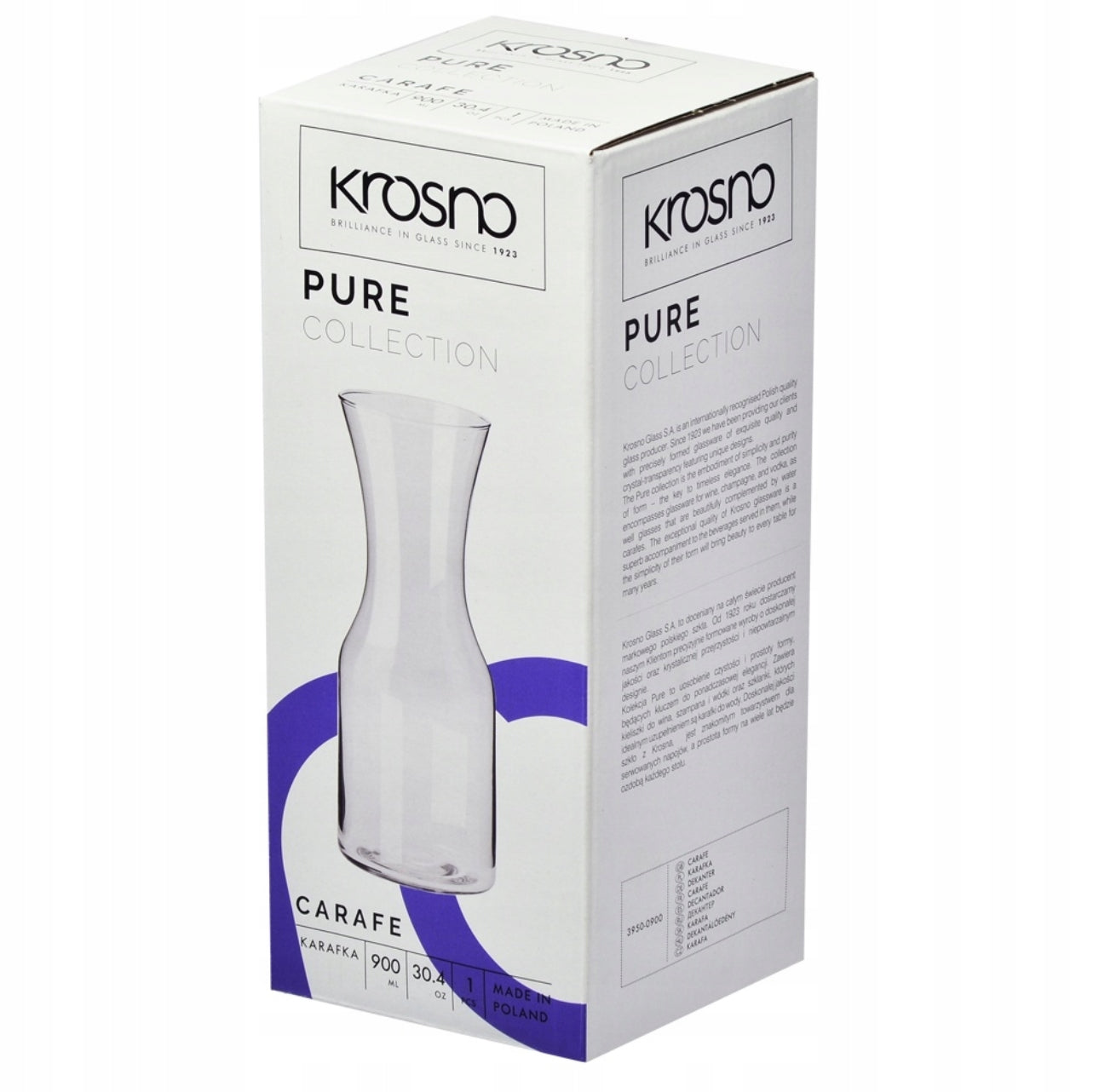 Eske med Krosno Pure Collection karaffel 900 ml i hvit emballasje
