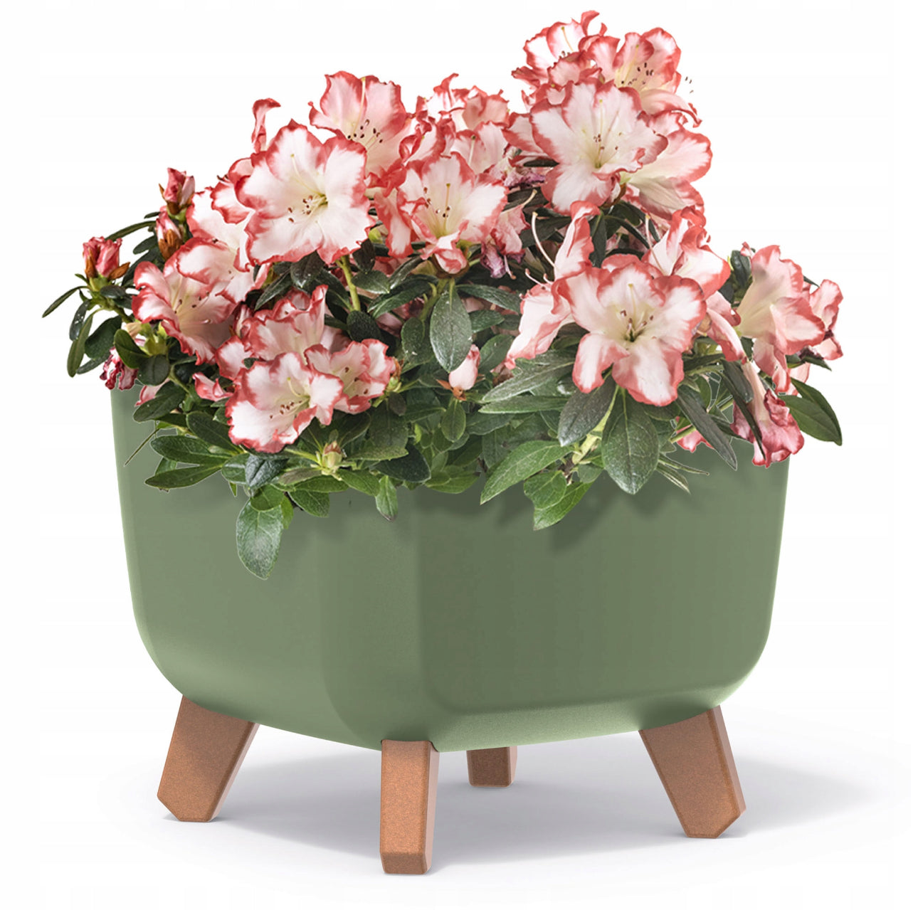 Grønn blomsterpotte på ben i treimitasjon, 24x24x18,7 cm, laget av slitesterk plast med innebygd dreneringssystem – ideell til både innendørs og utendørs bruk.