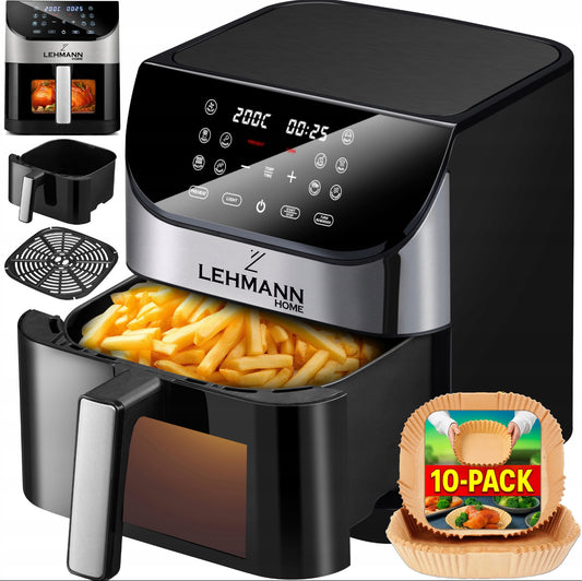 Svart airfryer med sølvdetaljer og pommes frites i kurven, digitalt display viser 200°C og 25 minutter