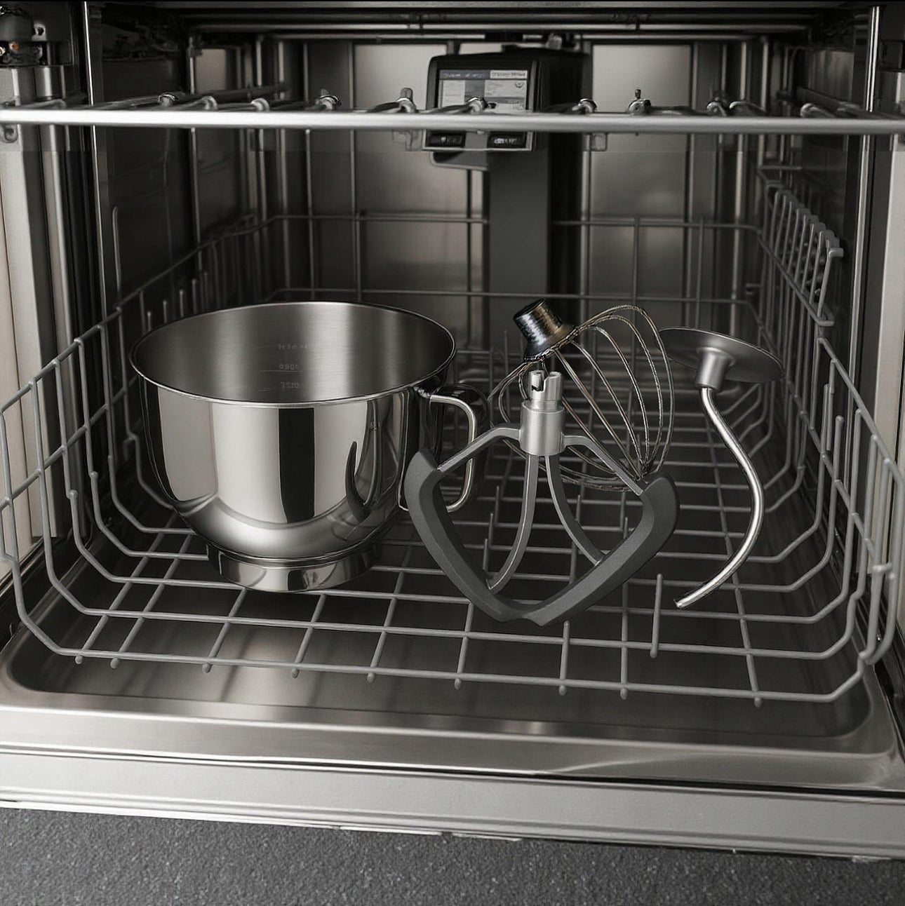 Kjøkkenmaskinens deler plassert i en oppvaskmaskin for enkel rengjøring