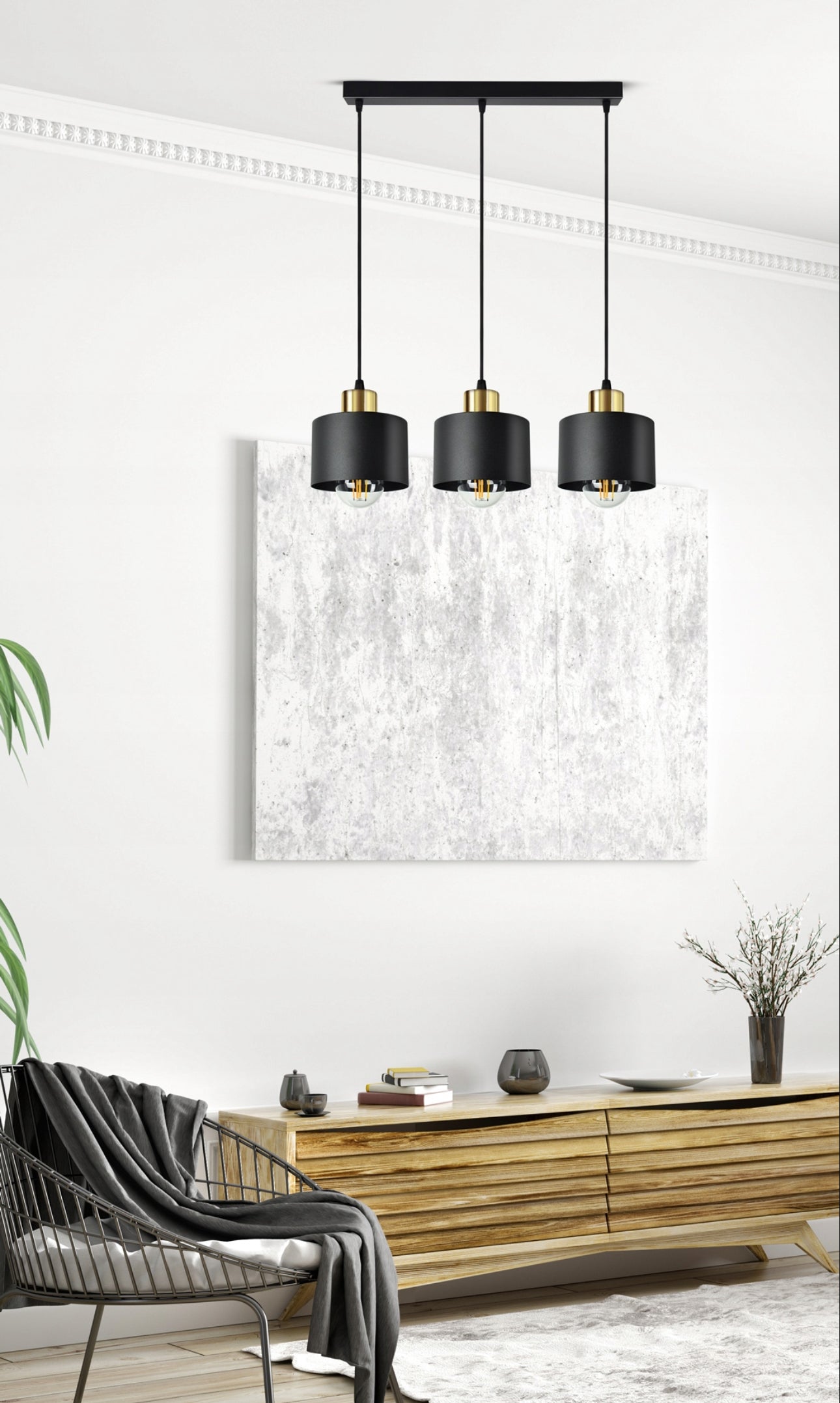 Moderne taklampe i svart og gull metall – 3 skjermer, justerbar høyde opptil 80 cm, E27 sokkel, total bredde 50 cm – perfekt til stue, kjøkkenøy eller spisebord