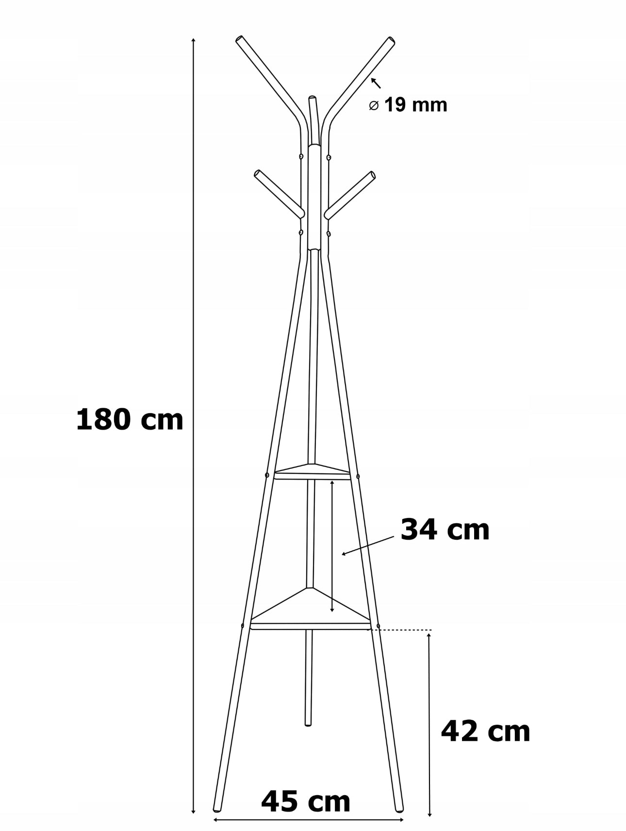 Teknisk illustrasjon av stativ med mål: 180 cm høy, 45 cm bred, med to hyller