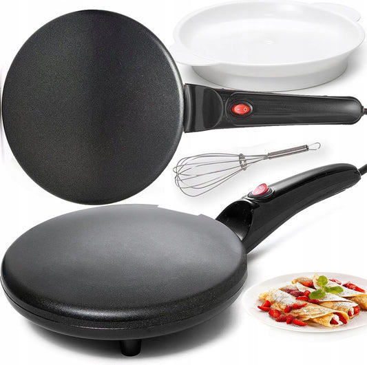 Sort elektrisk pannekakejern med non-stick overflate og rødt strømbryter