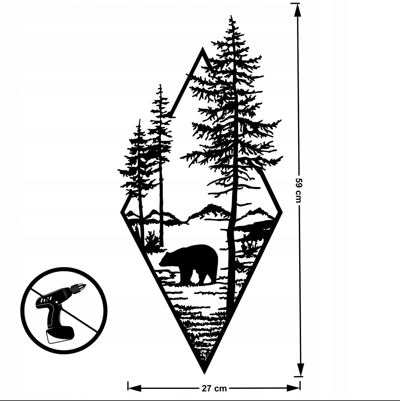 Svart tredekor med utskåret bjørn og fjell i minimalistisk design