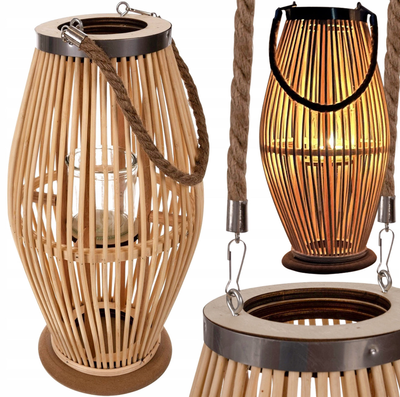 Høy lyslykt i bambus med glassinnsats og tauhåndtak i beige, stående på hvit bakgrunn