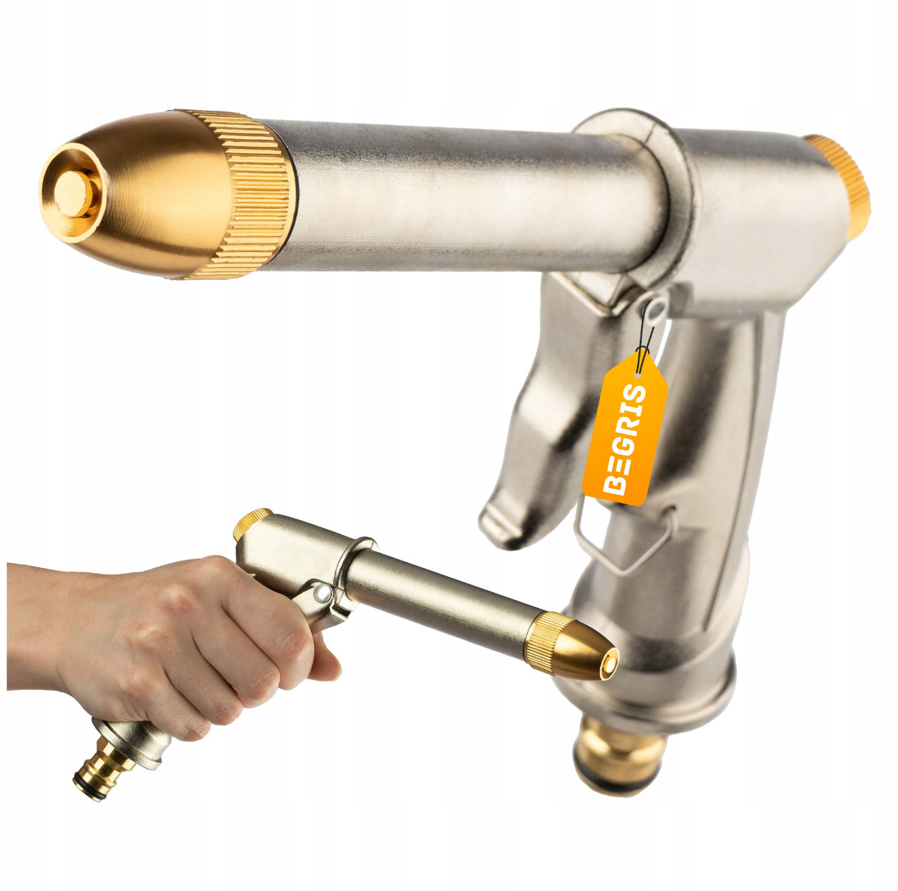 Justerbar metall hagesprøytepistol i sølv og gull, 17,5 x 15 cm, slitesterkt aluminium og ABS-plast, ergonomisk grep for vanning og rengjøring