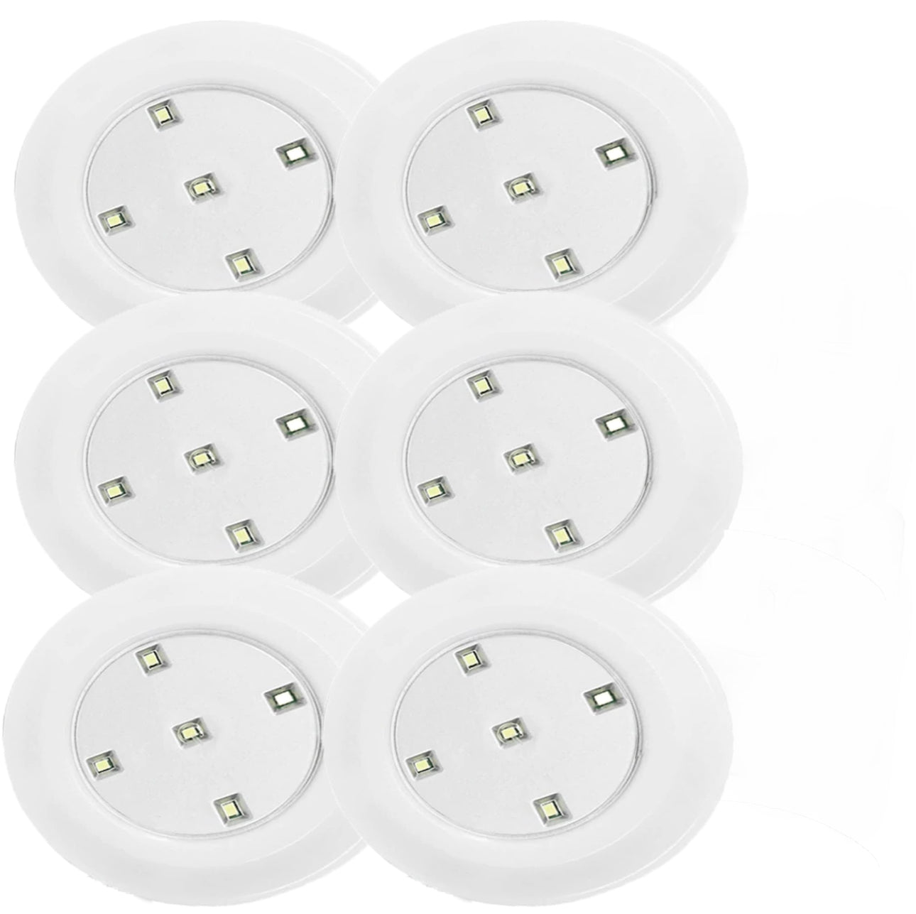 Seks hvite LED-lamper med fem pærer hver, kompakt design for montering i skap og på vegg