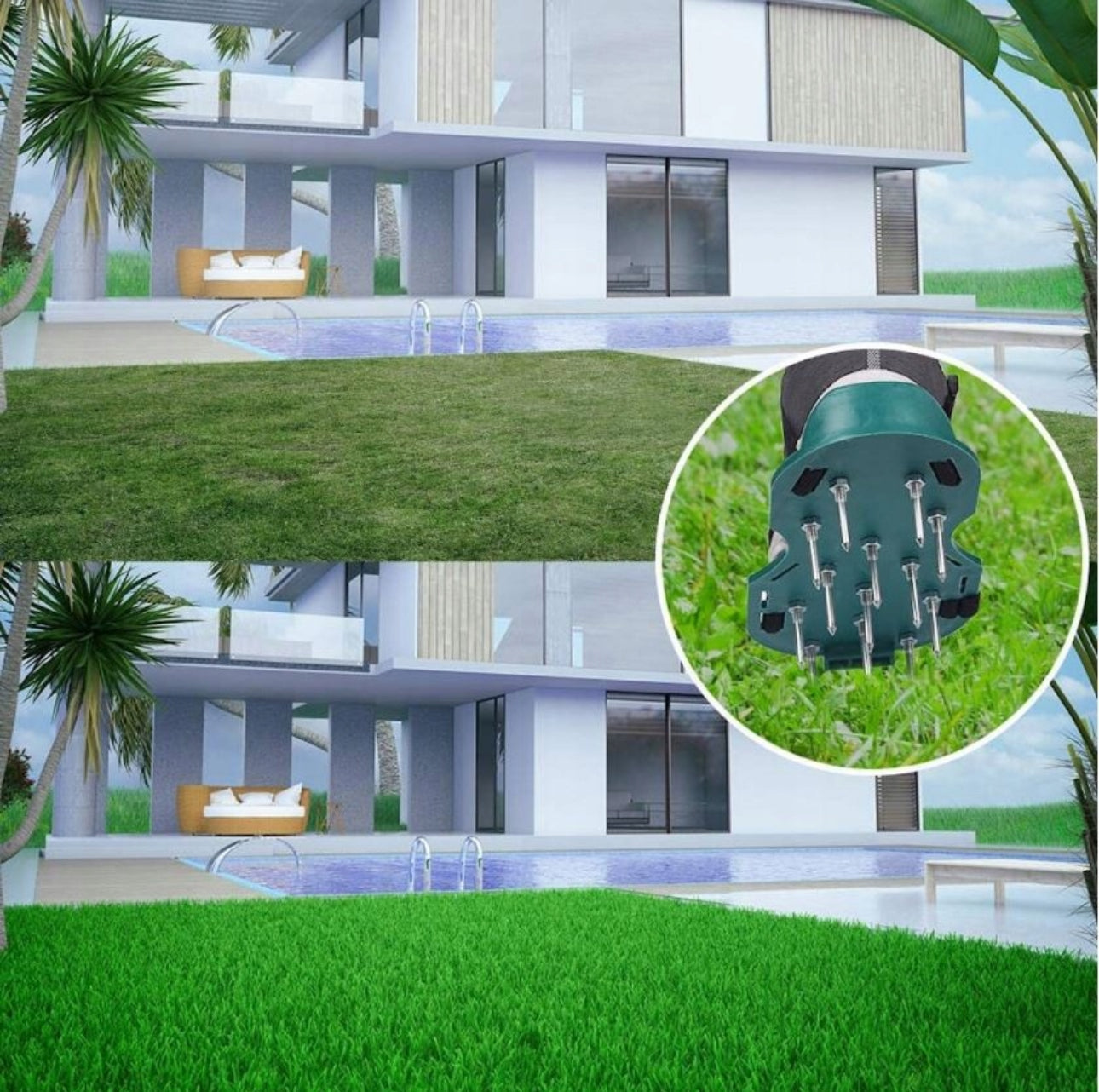 Moderne hage foran hus med nærbilde av aerator-sko på gress