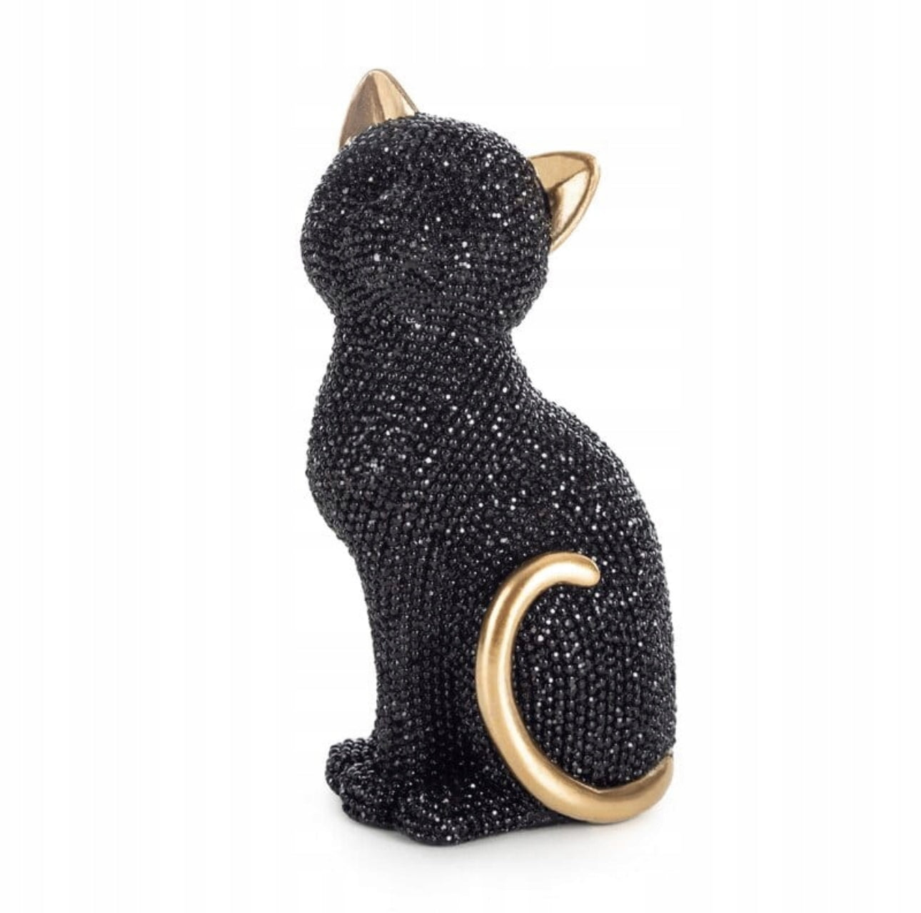Elegant dekorativ kattefigur i svart høyglans med gulldetaljer, laget av slitesterk polyesterharpiks, måler 7 x 6 x 15 cm. Perfekt for moderne interiørstil og gaveidé.