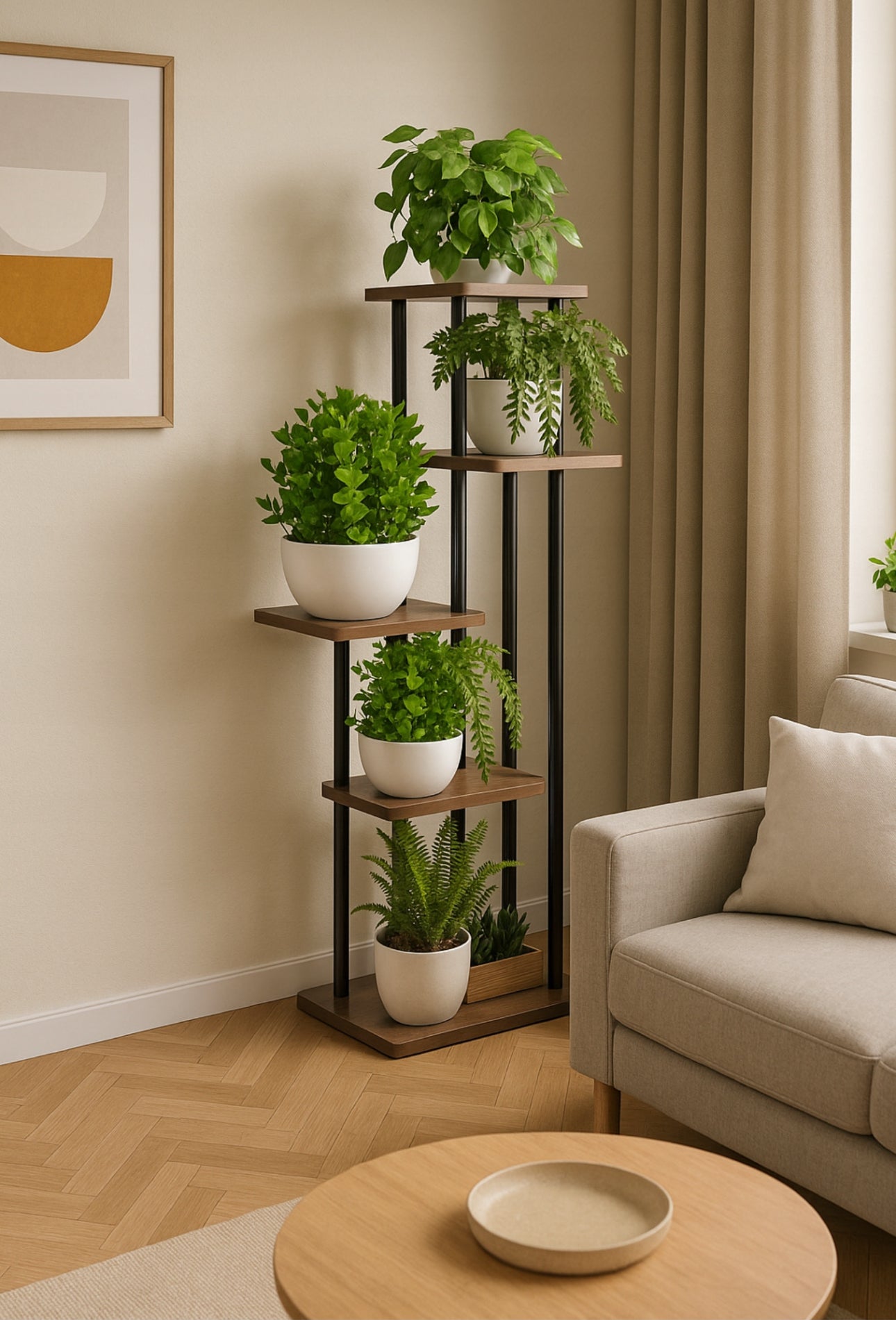 Plantehylle i loftstil med grønne planter plassert på ulike nivåer i stue