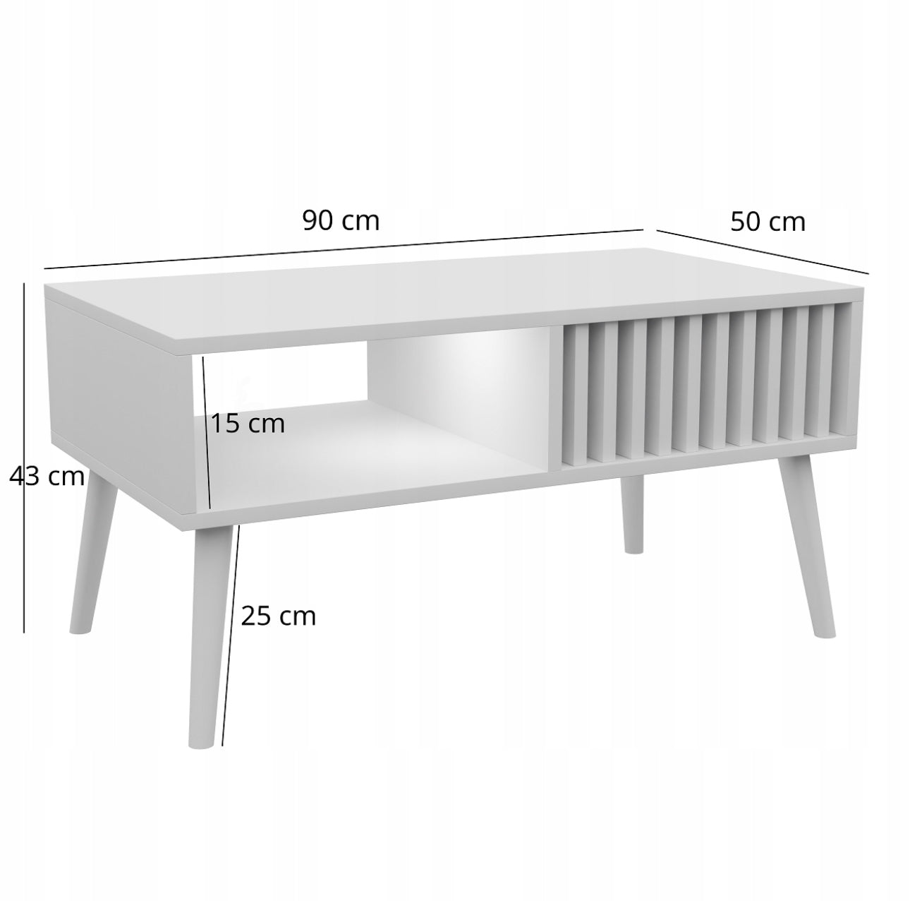 Skandinavisk sofabord i eikefiner og sort, 90x50x43 cm – moderne design med oppbevaringshylle og lamelldetaljer