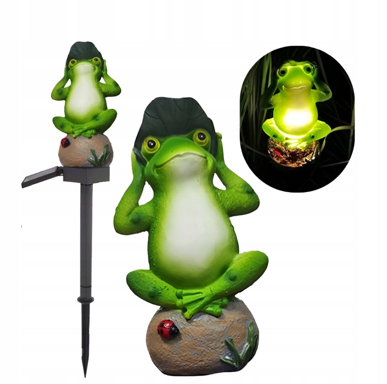 Solcellelampe med grønn froskfigur på stein med LED-lys