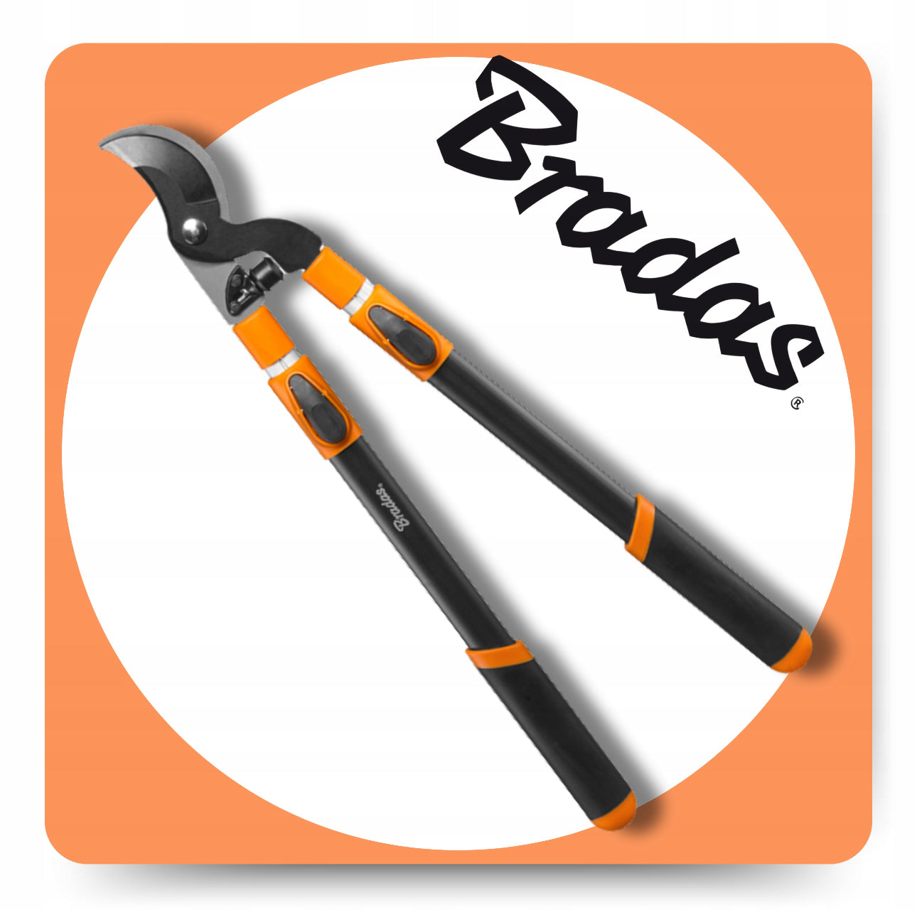 Tohånds beskjæringssaks i sort og oransje med Bradas-logo