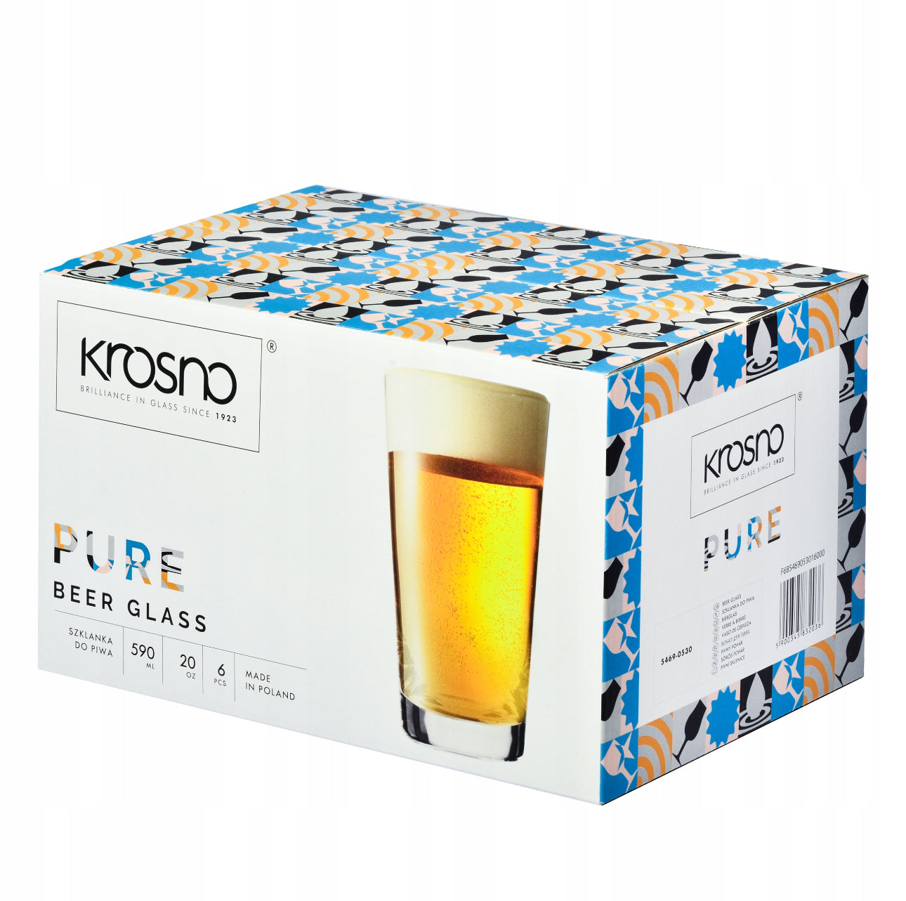 Emballasjeeske med seks ølglass i klart glass fra Krosno Pure kolleksjon