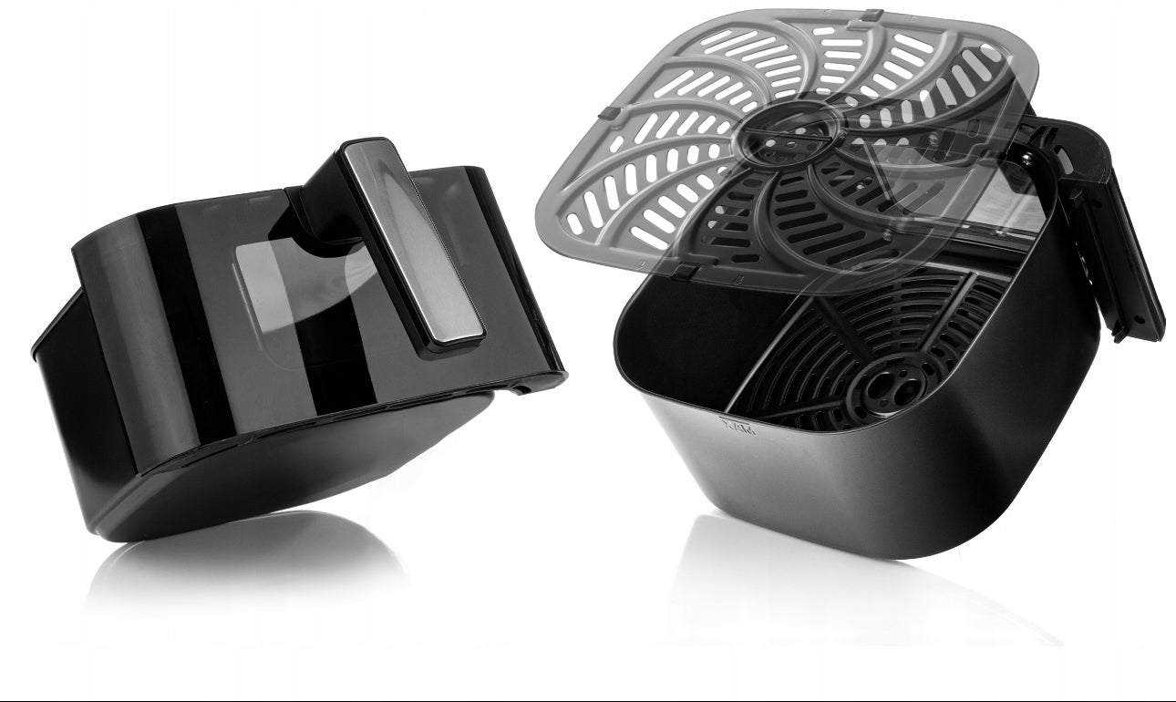 Avtagbar airfryer-kurv med non-stick belegg og luftsirkulasjonsrist i svart plast