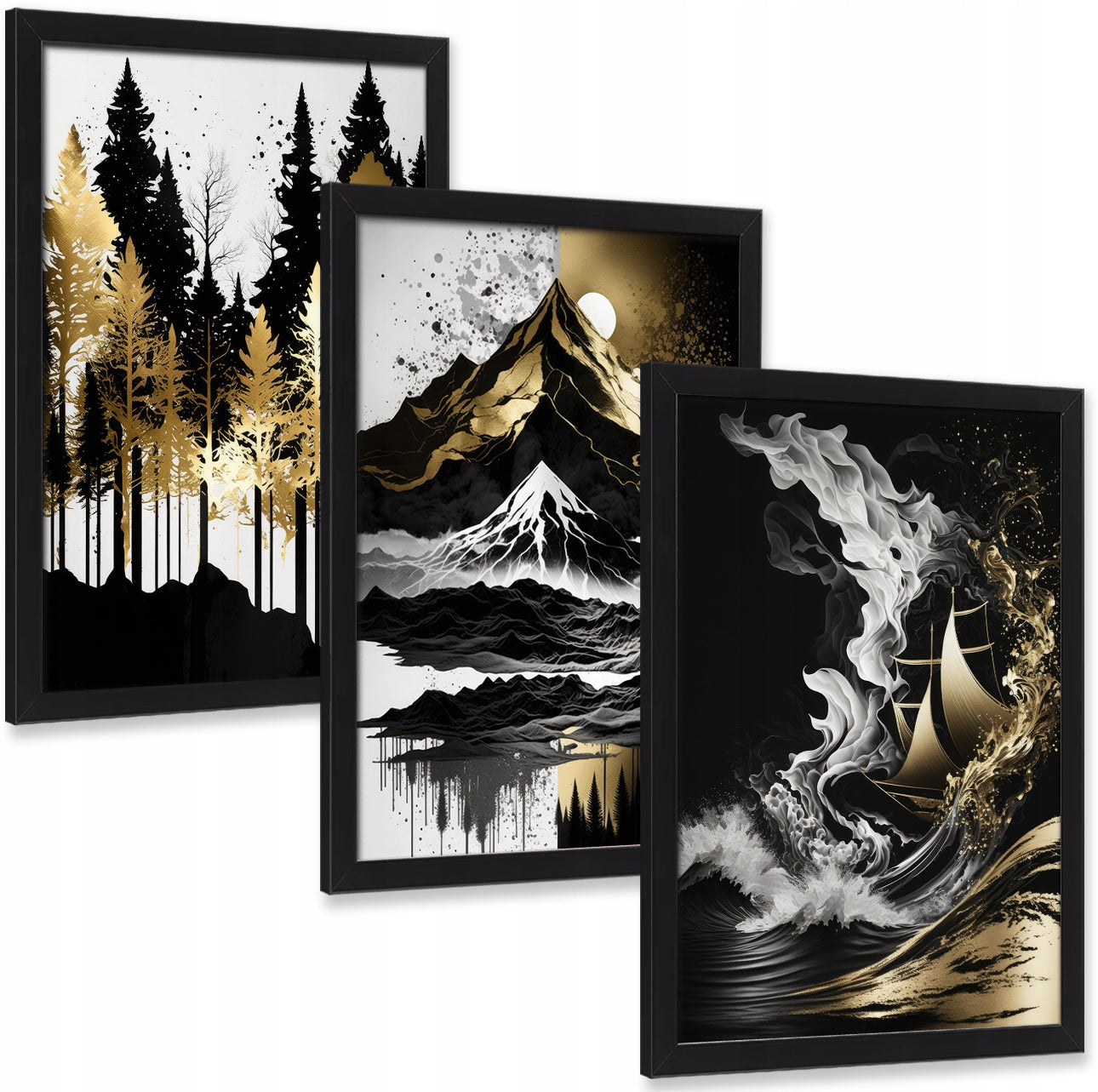 Tre kunstplakater i svart, hvitt og gull med skog, fjell og bølgemotiv i svarte rammer