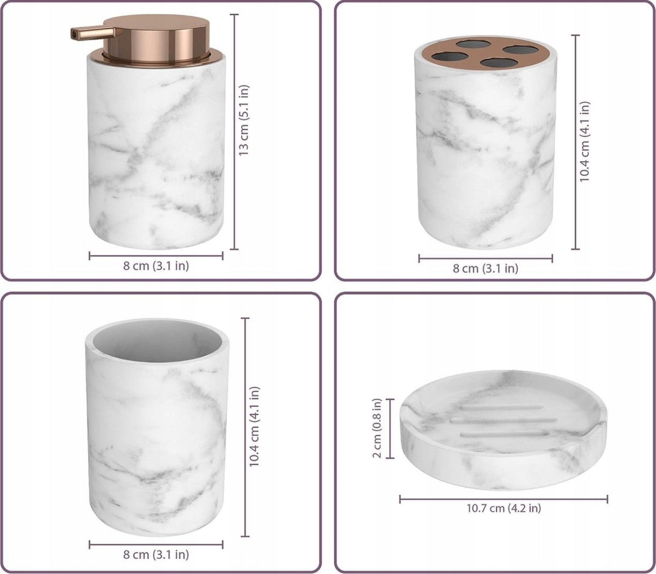 moderne baderomssett i marmor-look med rosagulldetaljer, inkludert såpedispenser, tannbørsteholder, kopp og såpeskål, perfekt for et stilrent og luksuriøst bad