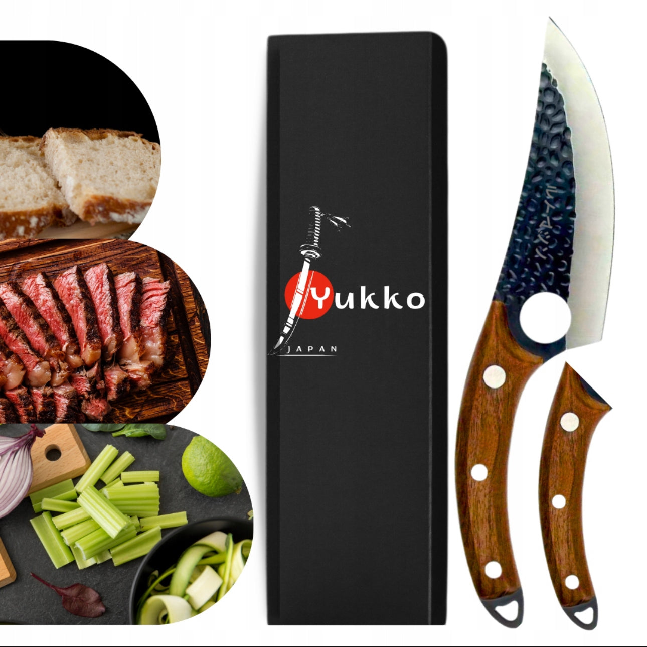 Japansk kokkekniv med hamret stålblad og trehåndtak ved siden av brød, biffskiver og friske grønnsaker