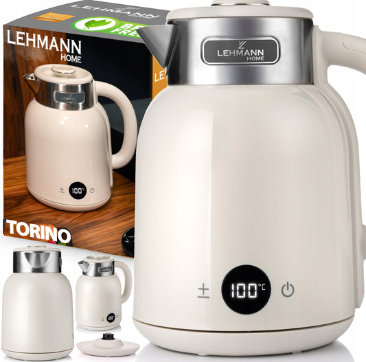 Elektrisk vannkoker i kremfarget design med digital temperaturvisning foran og ståldetaljer