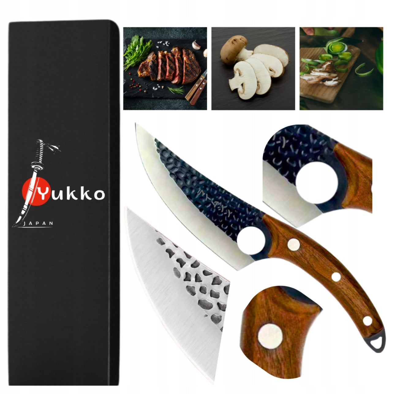 Japansk kokkekniv med hamret stålblad og trehåndtak ved siden av grønnsaker og stekt kjøtt