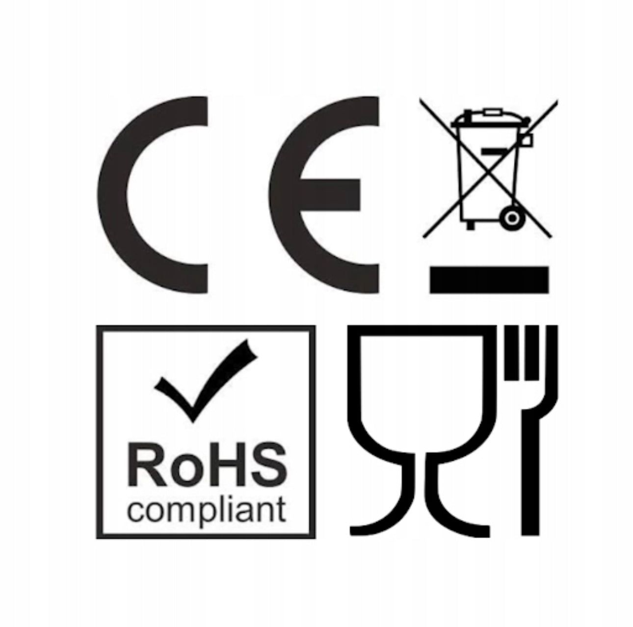CE-, RoHS- og mattrygghet-sertifiseringer vist som symboler for produktet
