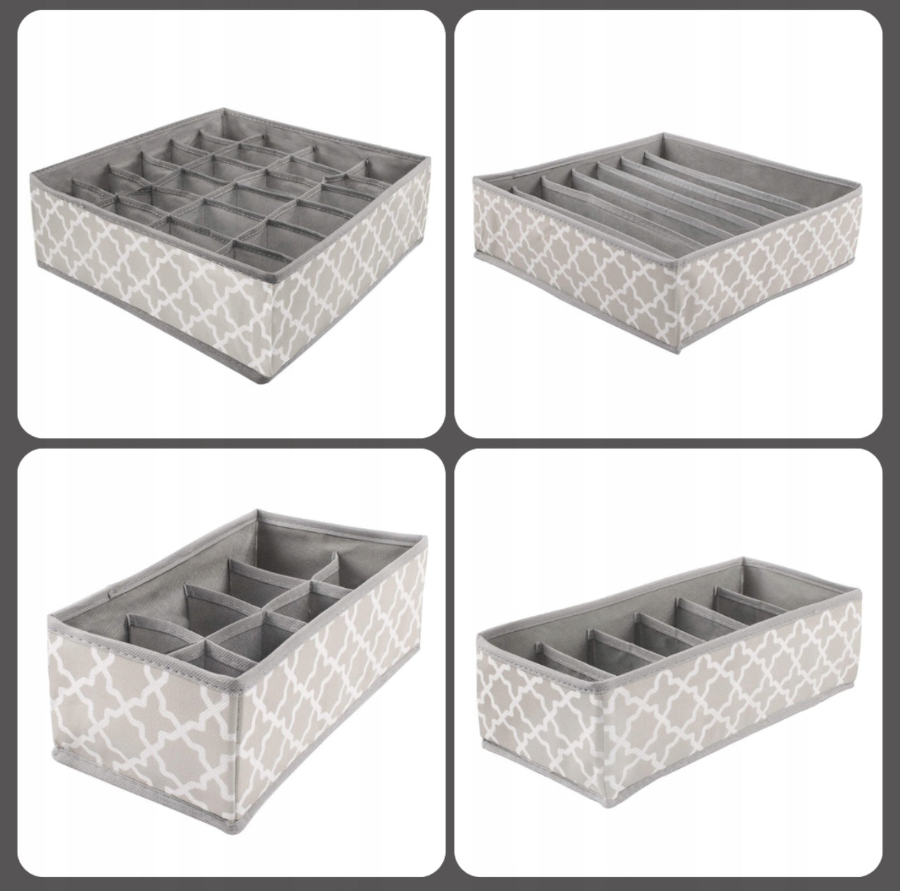 Nærbilde av tomme organiseringsbokser med individuelle rom i grått stoff og beige mønster.