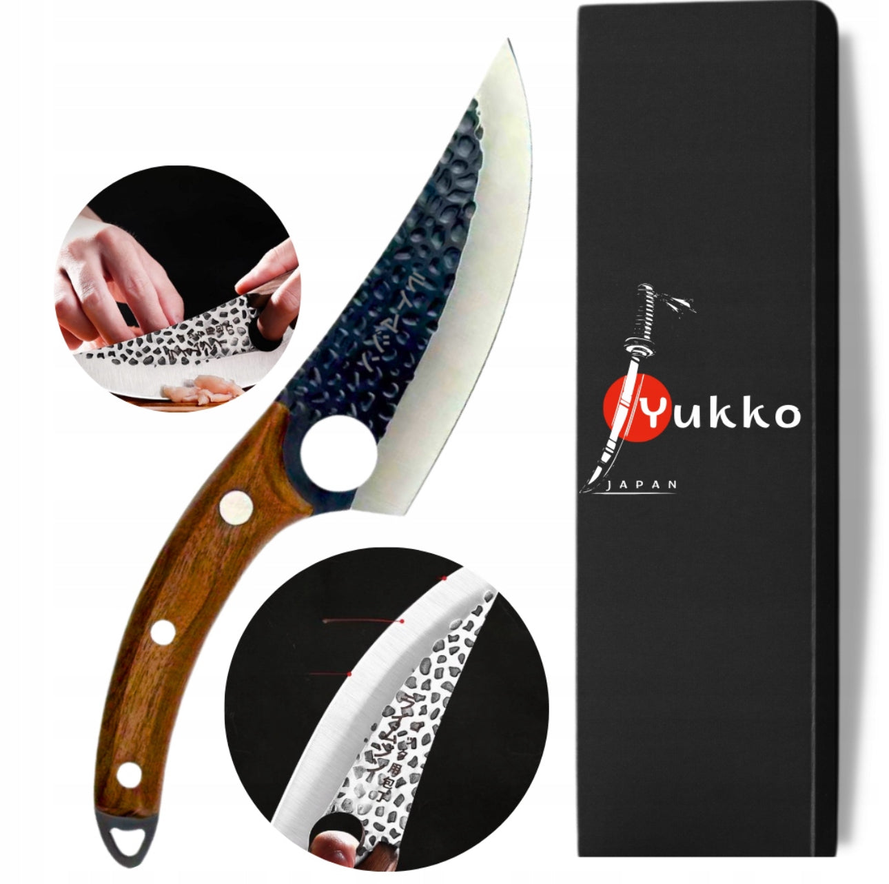 Japansk kokkekniv med hamret stålblad og trehåndtak i bruk til skjæring av kyllingfilet