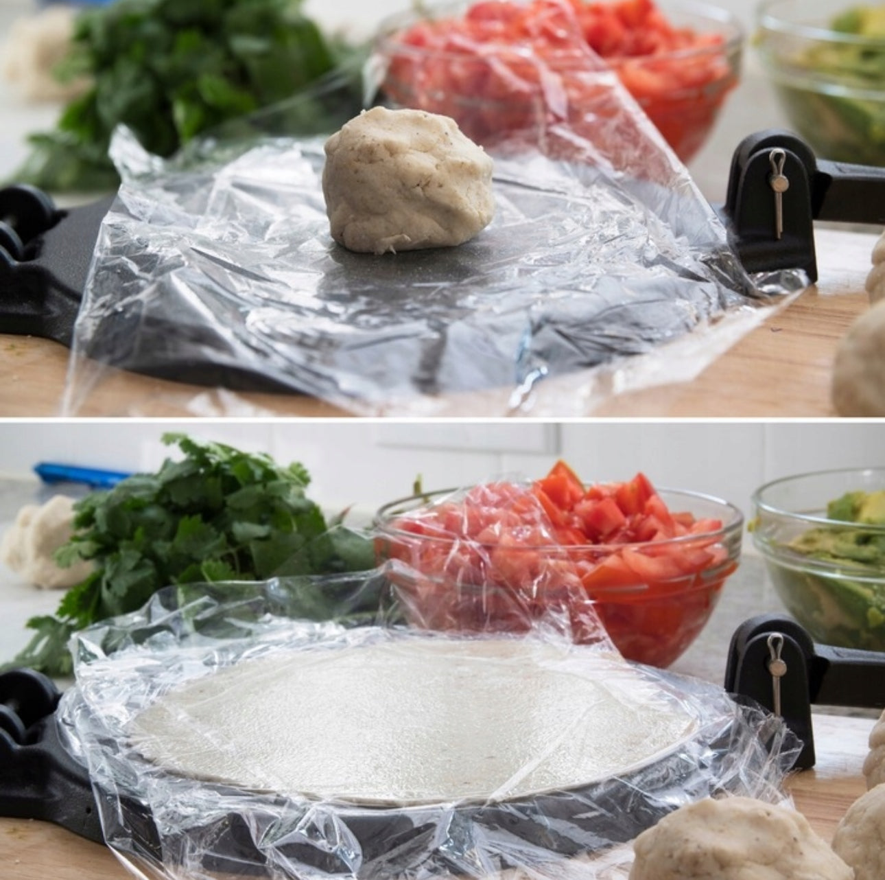 Prosessbilde av tortillapressing med plastfolie og fersk deig, omgitt av grønnsaker