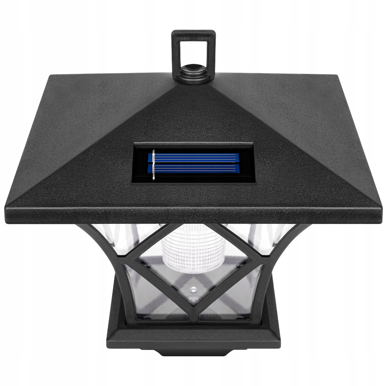 Solcelle-hagelampe med sort topp og integrert solcellepanel, sett ovenfra.