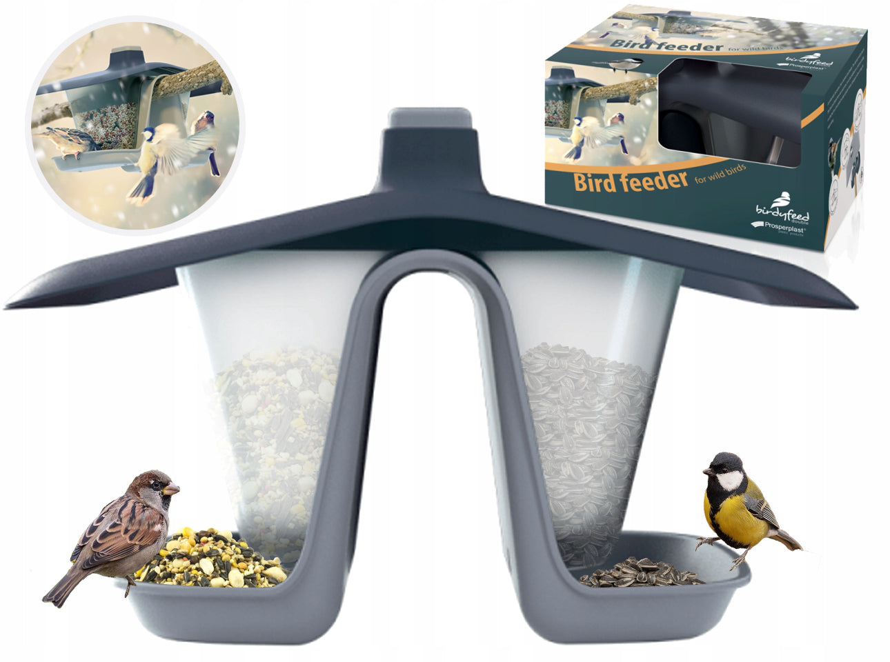 Moderne fuglemater i plast med to rom fylt med frø og småfugler som spiser.