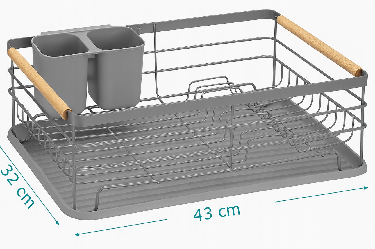 Grå oppvaskstativ i metall med trehåndtak, avtakbar bestikkholder og dreneringsbrett, mål 43 x 32 cm
