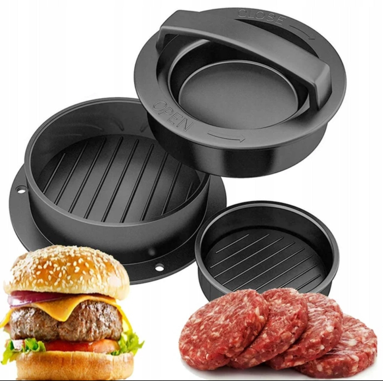 Svart 3-i-1 burgerpresse i non-stick materiale med håndtak og grillriller, omgitt av rå og ferdige burgere på kjøkkenbenk.