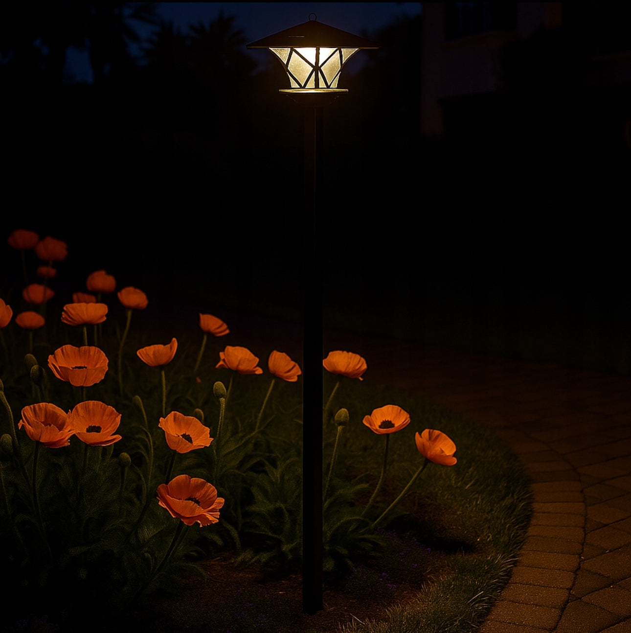Belyst solcelle-hagelampe i sort metall langs blomsterbed med oransje valmuer om natten.