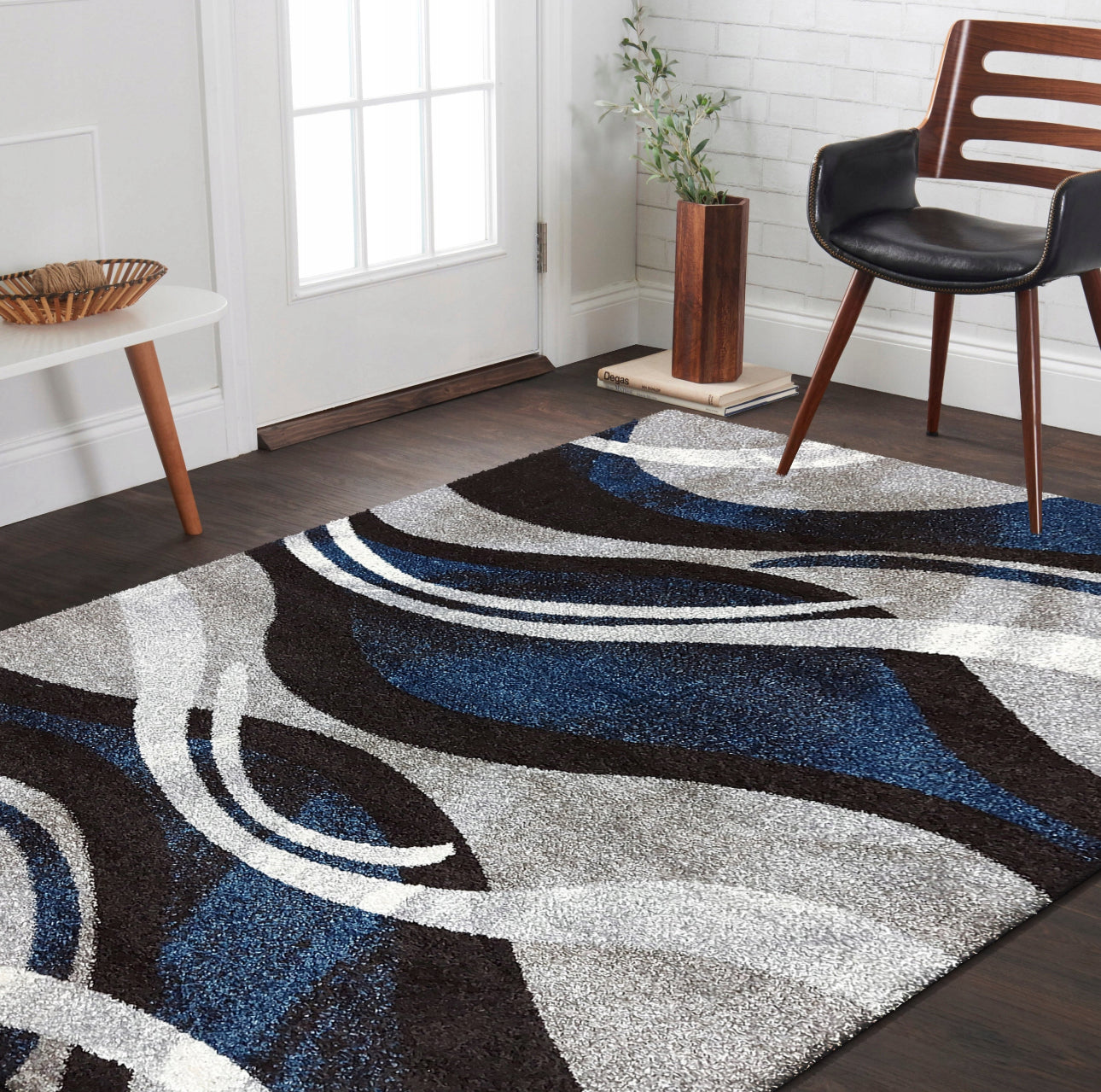 Moderne teppe 80x150 cm i blått, grått og sort med bølgemønster – laget av slitesterk Heat Set Frise-polypropylen for varme og lydisolering