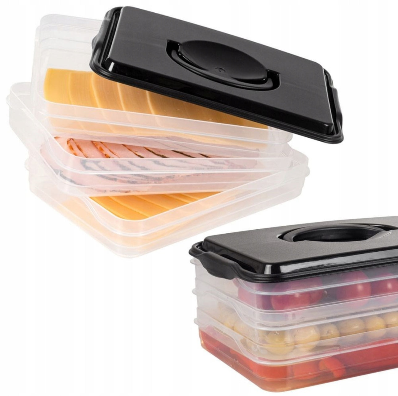 Stablebar plastboks med sort lokk og skiver av ost og pålegg i separate lag