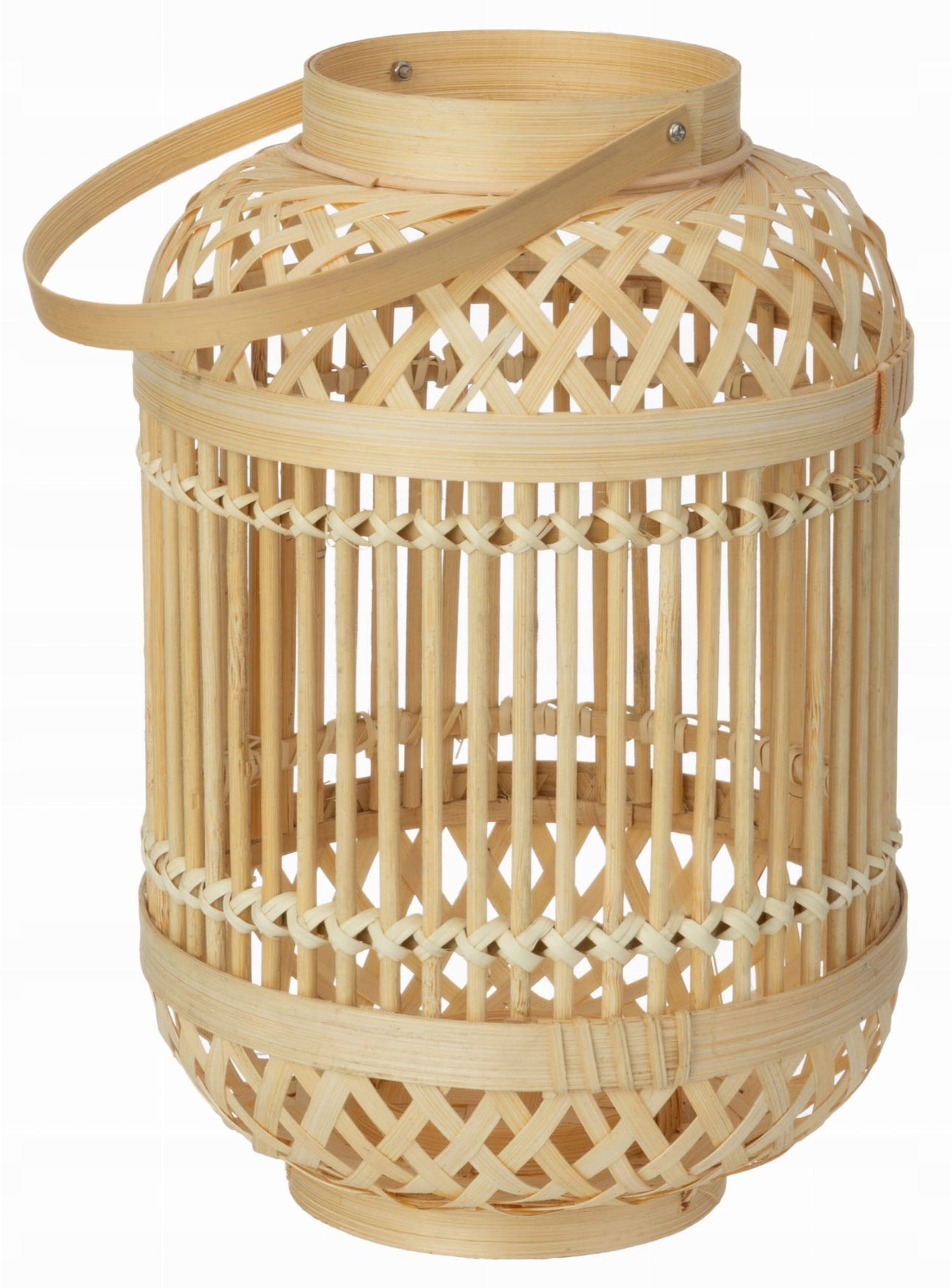 Håndlaget bambuslykt i naturlig beige med flettet mønster og bærehank