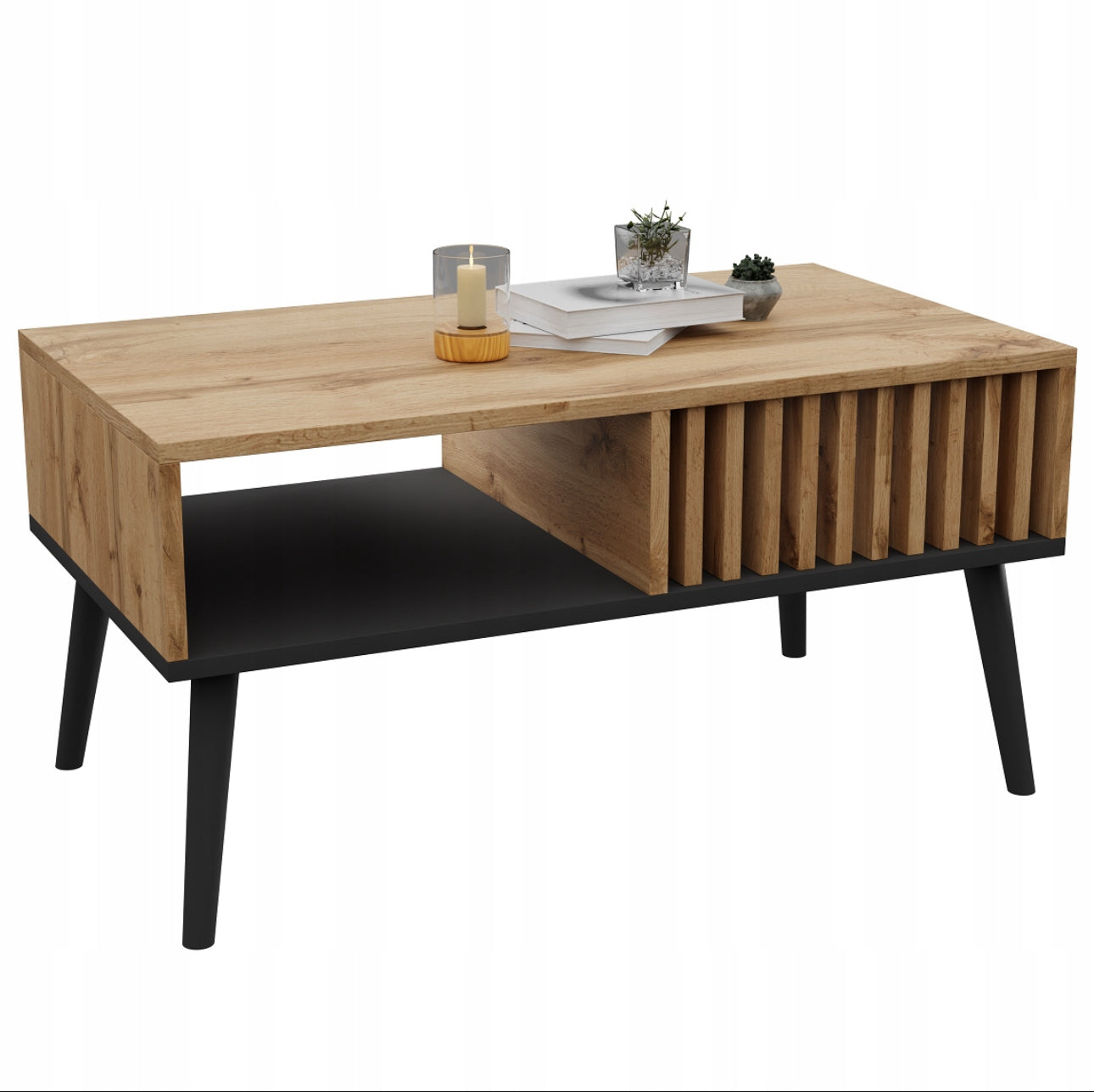 Skandinavisk sofabord i eikefiner og sort, 90x50x43 cm – moderne design med oppbevaringshylle og lamelldetaljer