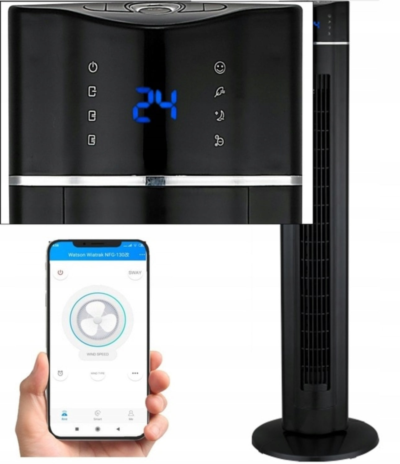 Digital skjerm på svart vifte styres via app på smarttelefon