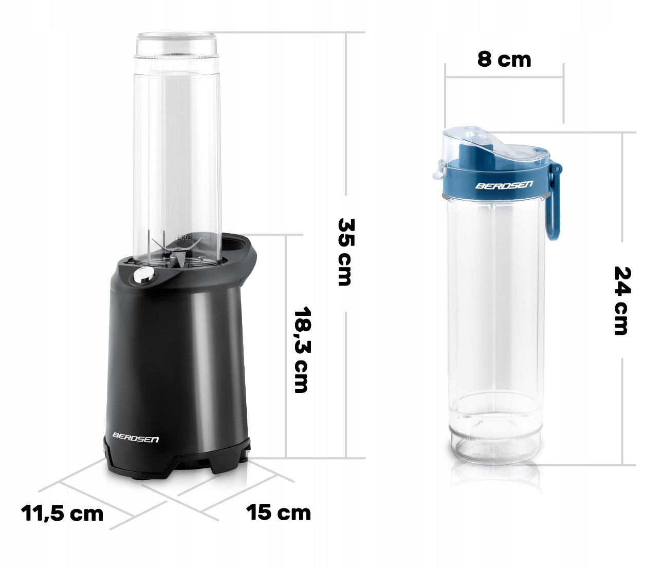 Sort smoothieblender og blå drikkeflaske med mål oppgitt i centimeter
