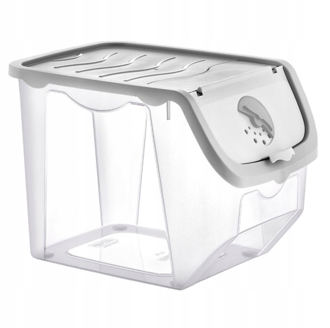 Gjennomsiktig plastbeholder med grått lokk og ventilasjonsluke for oppbevaring av matvarer på kjøkkenbenk.