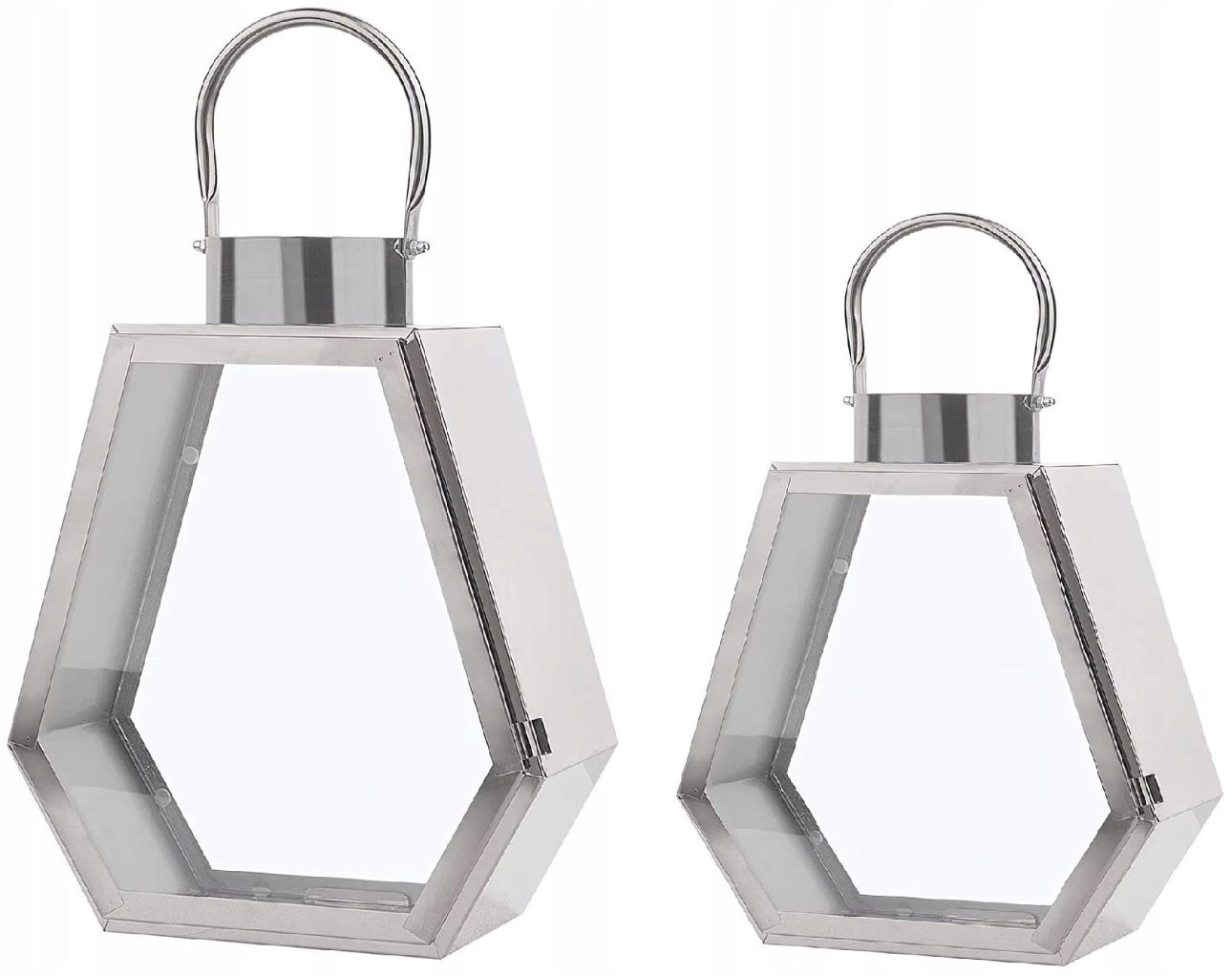 To sølvfargede lykter i stål og glass med moderne sekskantet design