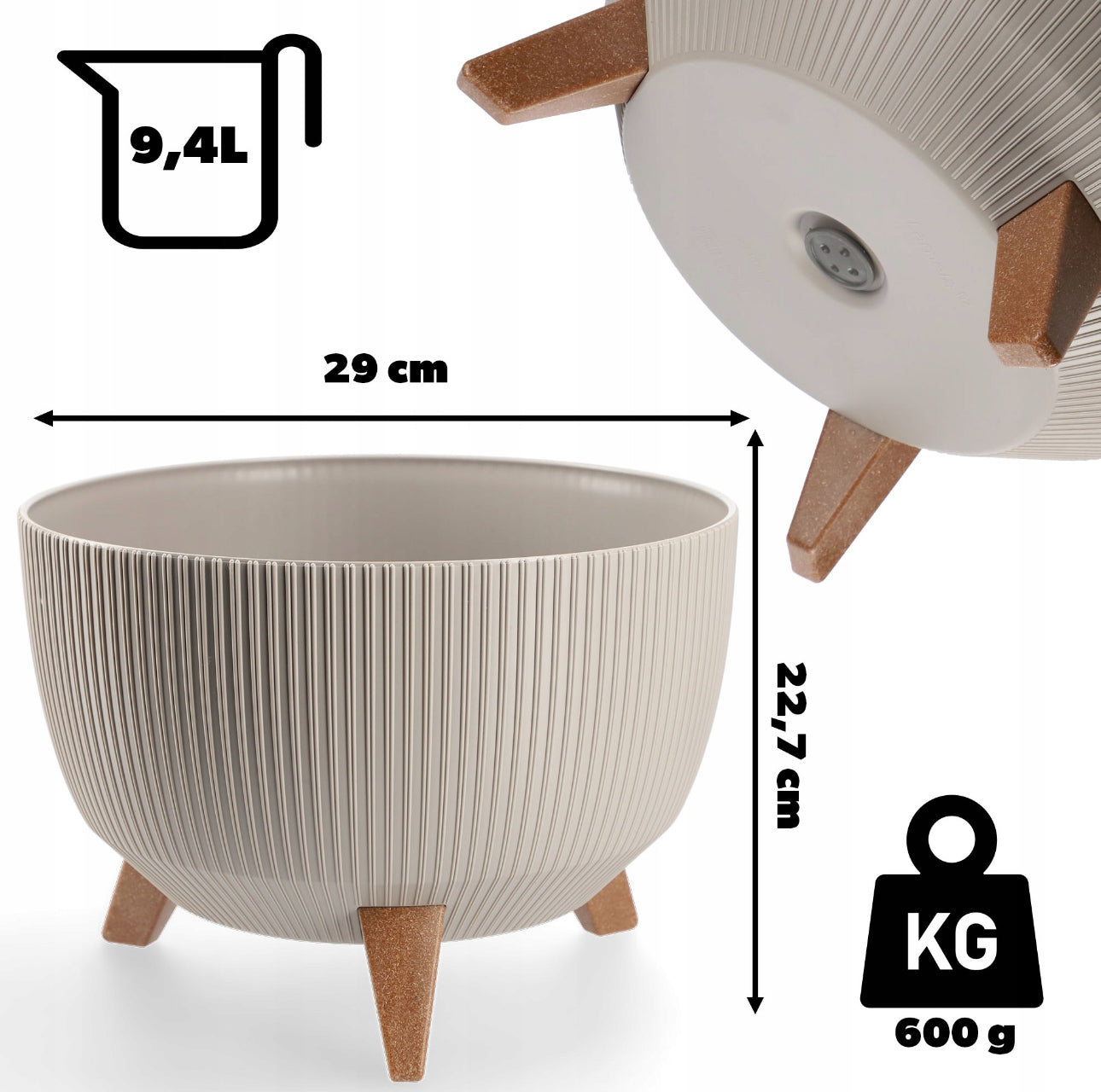 Rund blomsterpotte 29 cm i taupe farge med treimitasjonsben, laget av UV-bestandig plast med selvvanningsinnsats – stilren potte for innendørs og utendørs bruk.