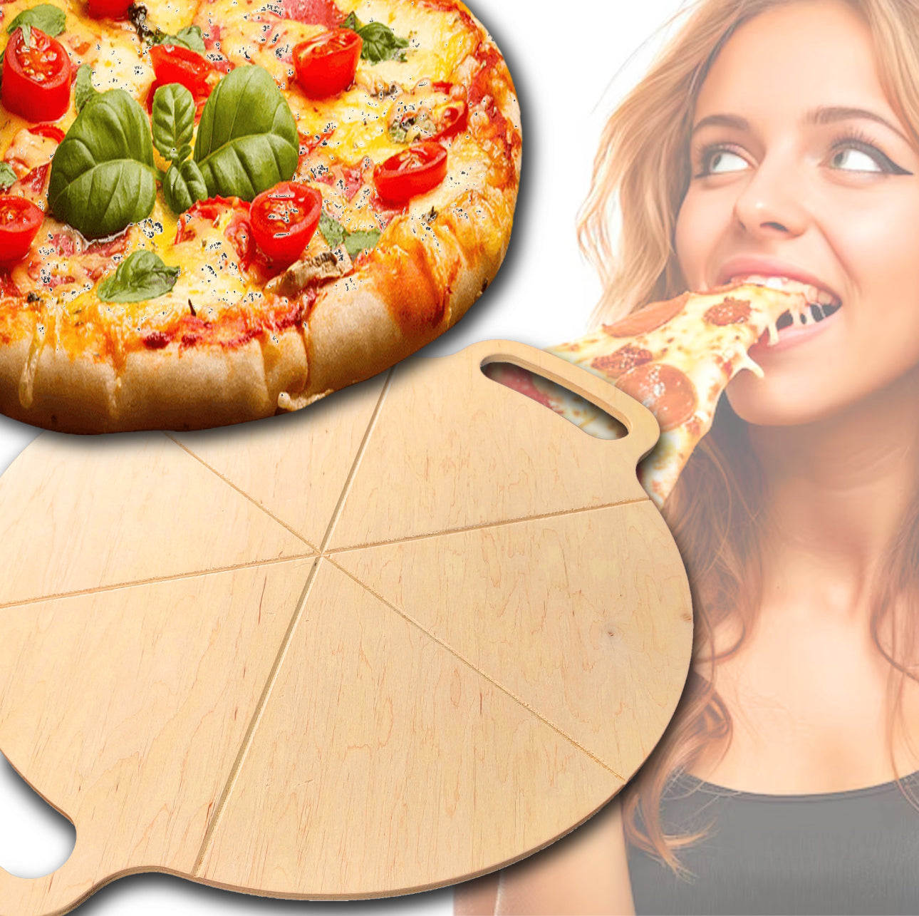 Lys treplate med pizzamønster, vist med pizza og kvinne som spiser