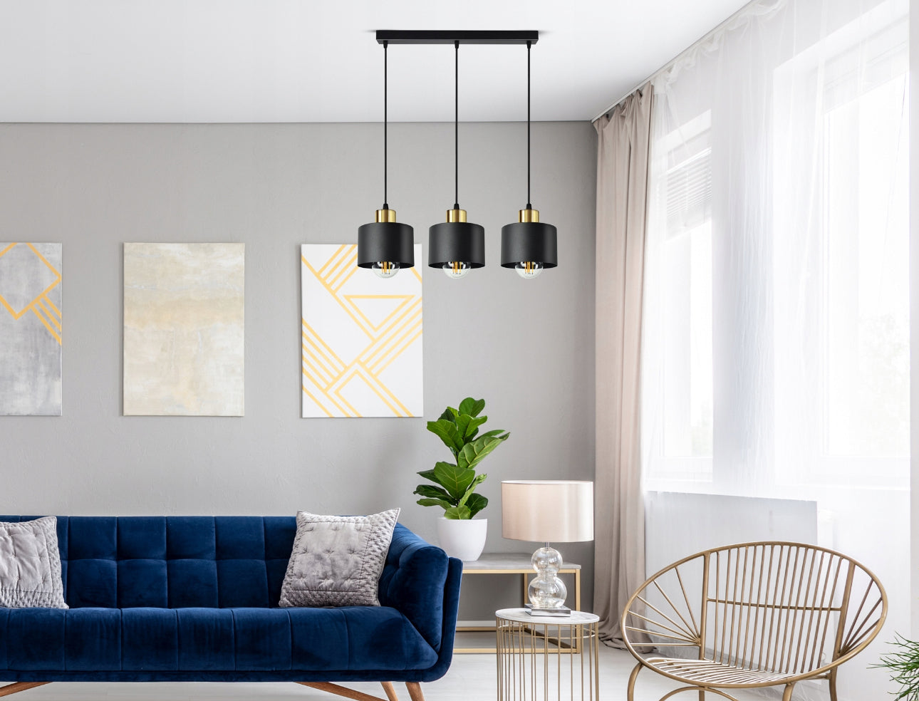 Moderne taklampe i svart og gull metall – 3 skjermer, justerbar høyde opptil 80 cm, E27 sokkel, total bredde 50 cm – perfekt til stue, kjøkkenøy eller spisebord