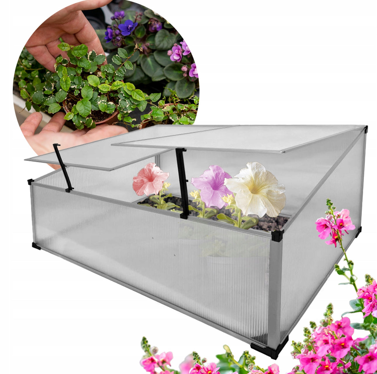 Drivhus med blomster og bakgrunnsbilde av hage og hender som holder planter