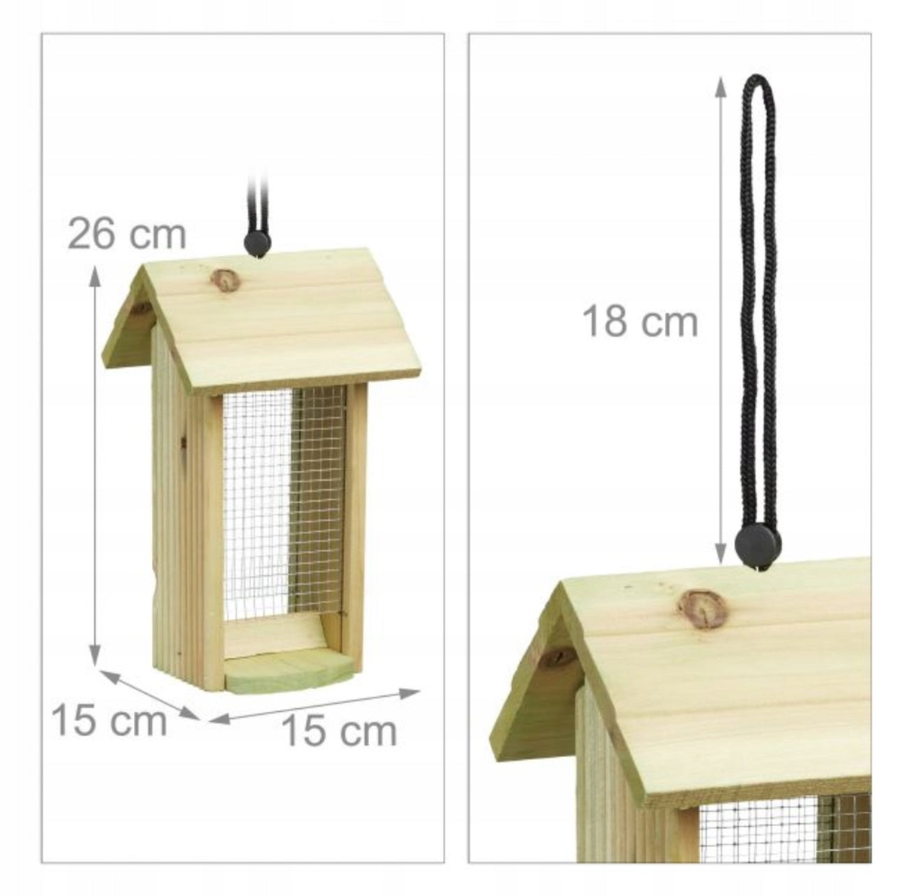 Rektangulær trekasse fuglemater med mål 26x15 cm og opphengssnor